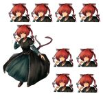  1girl adapted_costume animal_ears black_bow bow braid cat_ears cat_tail choker collar dress extra_ears green_dress hair_bow kaenbyou_rin leg_ribbon looking_at_viewer multiple_tails multiple_views nekomata red_eyes red_hair ribbon tail teruteru12 touhou twin_braids two_tails 
