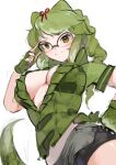  &gt;:) 1girl :3 bangs black_shorts braid breasts closed_mouth collared_vest crocodilian_tail fingerless_gloves glasses gloves green_eyes green_gloves green_hair green_vest hair_ribbon hand_on_eyewear hand_on_hip hand_up high_collar highres kemono_friends large_breasts long_hair looking_at_viewer midriff_peek noor7 over-rim_eyewear plunging_neckline ribbon semi-rimless_eyewear short_shorts short_sleeves shorts shorts_under_shorts sketch smile solo spectacled_caiman_(kemono_friends) spiked_gloves stomach tail twin_braids v-shaped_eyebrows vest 
