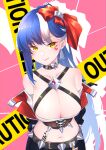  absurdres arms_behind_back bangs bare_shoulders blue_hair breasts bustier cleavage close-up cobalt-b_(tower_of_fantasy) collar collarbone earrings hair_ribbon heart heart_tattoo highres jewelry large_breasts long_hair looking_at_viewer navel ribbon smile tattoo tower_of_fantasy yellow_eyes zhe_feng_yi 