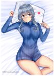  1girl absurdres alternate_costume blue_eyes blue_hair blue_sweater dress from_above gotland_(kancolle) heart highres himura_moritaka kantai_collection long_hair lying mole mole_under_eye one-hour_drawing_challenge pillow ribbed_sweater solo sweater sweater_dress twitter_username 