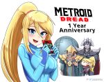  &gt;_&lt; anniversary aqua_bodysuit blonde_hair blue_bodysuit blue_eyes blush bodysuit breasts canadiananiguy case copyright_name hair_between_eyes holding_game_cartridge medium_breasts metroid metroid_dread minigirl ponytail quiet_robe_(metroid) raven_beak_(metroid) samus_aran skin_tight thumbs_up upper_body zero_suit 