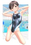  1girl absurdres arms_behind_head black_hair black_one-piece_swimsuit blurry blurry_background breasts brown_eyes commentary_request competition_swimsuit covered_navel full_body highres kneeling looking_at_viewer multicolored_clothes multicolored_swimsuit one-piece_swimsuit original parted_lips pool short_hair small_breasts solo swimsuit takafumi 