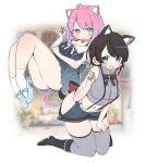  2girls ahoge animal_ear_fluff animal_ears blue_archive blush blush_stickers bob_cut cat_ears cat_girl cat_tail claw_pose embarrassed gradient_hair green_eyes grey_thighhighs heterochromia highres himemori_luna hip_vent hololive looking_at_viewer multicolored_hair multiple_girls official_alternate_costume oozora_subaru pink_hair purple_eyes purple_hair short_hair short_shorts shorts skindentation striped suspenders sweatdrop tail thighhighs two-tone_hair vertical_stripes virtual_youtuber yubinobansoukoo 