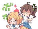  &gt;_&lt; 2girls :t aki_rosenthal angry aogami_high_school_uniform blonde_hair blue_bow blue_bowtie blue_skirt blush_stickers bow bowtie brown_hair chibi collared_shirt commentary english_commentary highres hololive kukie-nyan multiple_girls natsuiro_matsuri otogino_aria_(vtuber) plaid plaid_skirt pleated_skirt school_uniform shaded_face shirt short_sleeves simple_background skirt smack twitter_username virtual_youtuber white_shirt 