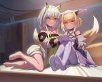  2girls absurdres animal_ear_fluff animal_ears arknights barefoot bed_sheet black_gloves blonde_hair blue_hairband blurry blurry_background blush cat_ears chinese_commentary clenched_teeth closed_mouth commentary_request dress earpiece feet fox_ears fox_girl fox_tail gloves green_dress green_eyes grey_hair hair_rings hairband highres holding indoors kal&#039;tsit_(arknights) leaning_to_the_side legs legs_together long_hair looking_at_viewer multiple_girls multiple_tails off-shoulder_dress off-shoulder_jacket off_shoulder pantyhose purple_pantyhose shadow shiny shiny_skin sitting soles suzuran_(arknights) taichi_suzuki tail teeth thighs toes torn_clothes torn_legwear white_gloves 