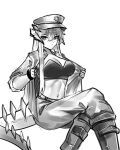  1girl absurdres arknights boots bra breasts cleavage commentary_request feet_out_of_frame greyscale hat highres horns jacket large_breasts long_hair monochrome najashi navel official_alternate_costume open_clothes open_jacket pants peaked_cap saria_(arknights) saria_(the_law)_(arknights) simple_background sitting solo stomach strapless strapless_bra tail underwear very_long_hair white_background 