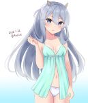  1girl ame-san blue_babydoll blue_background blue_eyes commentary_request fake_horns gradient gradient_background grey_hair hair_rings headgear highres horned_headwear horns i-203_(kancolle) kantai_collection long_hair one-hour_drawing_challenge panties sidelocks solo underwear underwear_only white_panties 