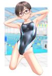  1girl absurdres arms_behind_head black_hair black_one-piece_swimsuit blurry blurry_background breasts brown_eyes commentary_request competition_swimsuit covered_navel full_body glasses highres kneeling looking_at_viewer multicolored_clothes multicolored_swimsuit one-piece_swimsuit original parted_lips pool short_hair small_breasts solo swimsuit takafumi 