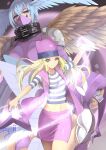  3girls aoi_(concerto) ass blonde_hair breasts butterfly_wings closed_mouth covered_eyes digimon digimon_(creature) digimon_frontier facial_mark fairymon gloves green_eyes hat head-mounted_display highres long_hair looking_at_viewer midriff multiple_girls multiple_persona navel orimoto_izumi purple_hair shirt shutumon skirt smile striped striped_shirt wings 