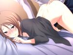  1boy 1girl ass_grab bangs barefoot bed_sheet blue_pants blush bottomless breast_press breasts brown_hair cleavage closed_mouth collarbone doggystyle dress_shirt game_cg grey_shirt hair_between_eyes hetero indoors kawagishi_keitarou long_sleeves maji_de_watashi_ni_koi_shinasai! medium_hair naked_shirt open_clothes open_shirt oshitari_azumi pants shiny shiny_hair shirt small_breasts smile white_shirt 