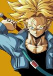  1boy absurdres black_shirt blonde_hair blue_eyes blue_jacket closed_mouth commentary_request dragon_ball dragon_ball_z hair_between_eyes highres holding holding_sword holding_weapon jacket looking_at_viewer male_focus muscular muscular_male seya_(asasei_718) sheath shirt sword trunks_(dragon_ball) trunks_(future)_(dragon_ball) weapon yellow_background 