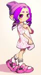  1girl absurdres beanie closed_mouth double_horizontal_stripe drill_hair full_body gradient gradient_background hand_up hat highres inari1369 long_hair multicolored_eyes octarian octoling octoling_girl oversized_clothes oversized_shirt pink_footwear purple_eyes purple_hair purple_headwear red_eyes sandals shadow shirt short_sleeves socks solo splatoon_(series) splatoon_3 suction_cups tentacle_hair white_socks 