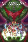  1girl arm_cannon blonde_hair bodysuit breasts cleavage dustin_wilkinson_(ozkai) fusion_suit gravity_suit green_hair headwear_removed helmet helmet_removed highres justin_bailey leotard long_hair looking_at_viewer metroid metroid_(classic) metroid_(creature) metroid_2:_return_of_samus metroid_dread metroid_fusion metroid_suit multiple_persona ponytail power_armor power_suit samus_aran space standing super_metroid weapon zero_suit 