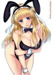  1girl absurdres alternate_costume animal_ears black_leotard blonde_hair bow bowtie breasts cleavage detached_collar double_bun fake_animal_ears fletcher_(kancolle) hair_bun hair_ornament highres himura_moritaka kantai_collection large_breasts leotard long_hair looking_at_viewer off_shoulder open_mouth playboy_bunny purple_eyes rabbit_ears rabbit_tail side-tie_leotard smile solo star_(symbol) star_hair_ornament strapless strapless_leotard tail wrist_cuffs 