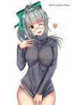  1girl absurdres bespectacled bow brown_eyes clothes_pull commentary_request cowboy_shot glasses green_bow grey_hair grey_sweater hair_bow heart highres himura_moritaka kantai_collection long_hair looking_at_viewer one-hour_drawing_challenge panties ponytail ribbed_sweater smile solo sweater sweater_pull twitter_username underwear white_panties yuubari_(kancolle) 