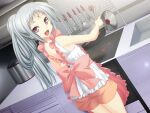  1girl :d apron back_bow bare_arms blush bow cowboy_shot dutch_angle game_cg grey_hair indoors kawagishi_keitarou kitchen kuki_monshiro long_hair looking_at_viewer looking_back maji_de_watashi_ni_koi_shinasai! orange_shorts pink_apron pink_bow ponytail red_eyes scar scar_on_face scar_on_forehead shiny shiny_hair shirt short_shorts shorts shoulder_blades sleeveless sleeveless_shirt smile solo very_long_hair white_shirt 