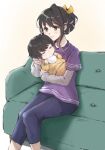  1girl 1other alternate_costume alternate_hairstyle baby black_hair blue_pants colored_inner_hair commentary_request couch grey_shirt hair_bun highres kantai_collection layered_shirt ld_(luna_dial398) long_hair mother_and_child multicolored_hair naganami_(kancolle) pants pink_hair purple_shirt shirt simple_background two-tone_hair white_background 
