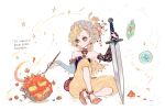  1girl amano_yoshitaka_(style) baggy_pants beret blonde_hair bomb_(final_fantasy) bridal_gauntlets capelet final_fantasy final_fantasy_vi gauntlets hat highres holding holding_sword holding_weapon magicite medal oju_(ouka) paintbrush pants petrification relm_arrowny shoes short_hair single_bridal_gauntlet square_enix sword weapon 