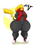 2022 anthro bottom_heavy clothed clothing digital_drawing_(artwork) digital_media_(artwork) duo footwear form_fitting fur generation_1_pokemon hi_res hood hoodie huge_thighs jumpsuit male mammal nintendo omegabrawl open_mouth pikachu pokemon pokemon_(species) rodent shoes simple_background smile sneakers solo thick_thighs topwear video_games yellow_body yellow_fur 