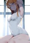  1girl armpits arms_up blue_eyes blush breasts commentary_request facial_tattoo highres indoors long_hair looking_at_viewer medium_breasts on_floor open_mouth orange_hair original shirt sitting solo stretching tattoo thighs watariganikun white_shirt 