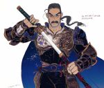  1boy amano_yoshitaka_(style) armor cape cayenne_garamonde facial_hair final_fantasy final_fantasy_vi highres holding holding_sword holding_weapon katana low_ponytail mustache oju_(ouka) ponytail samurai scabbard sheath shoulder_armor square_enix sword thick_eyebrows unsheathing weapon 