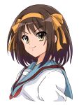  1girl blue_sailor_collar breasts brown_eyes brown_hair closed_mouth hair_ribbon hairband highres kita_high_school_uniform looking_at_viewer medium_hair munbato_(watari_megumi) ribbon sailor_collar school_uniform serafuku simple_background small_breasts smile solo suzumiya_haruhi suzumiya_haruhi_no_yuuutsu upper_body white_background yellow_hairband yellow_ribbon 