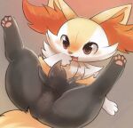  1girl :3 animal_ear_fluff animal_ears animal_feet animal_hands animal_nose black_fur blush blush_stickers body_fur braixen commentary fang feet fox_ears fox_girl fox_tail full_body fur_collar furry furry_female gradient gradient_background grey_background hand_to_own_mouth hand_up happy highres legs legs_up looking_at_viewer lying multicolored_fur no_pussy nose_blush on_back open_mouth pawpads pokemon pokemon_(creature) presenting ragu_(apricolor) red_eyes simple_background smile snout solo spread_legs tail thick_thighs thighs white_fur yellow_fur 