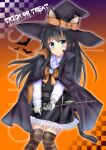 1girl absurdres animal_ears asashio_(kancolle) asashio_kai_ni_(kancolle) bangs black_dress black_hair black_headwear black_thighhighs blue_eyes bow cat_ears cat_tail cloak collared_shirt dress feet_out_of_frame gloves halloween hat hat_bow highres himura_moritaka kantai_collection long_hair long_sleeves orange_thighhighs pinafore_dress searchlight shirt smile solo striped striped_thighhighs tail thighhighs twitter_username white_gloves white_shirt witch_hat 