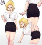  1girl absurdres android_18 bent_over blonde_hair dragon_ball dress_shirt earrings echo_saber eyewear_removed from_side highres jewelry looking_away nail_polish pencil_skirt shirt short_hair simple_background skirt sleeves_rolled_up solo watch white_background wristwatch 