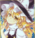  1girl bangs black_headwear blonde_hair blue_background bow braid closed_mouth frilled_hat frills hair_bow hat hat_bow highres kirisame_marisa long_hair looking_at_viewer mimi_(mimi_puru) side_braid single_braid smile solo touhou traditional_media turtleneck upper_body white_bow witch_hat yellow_eyes 