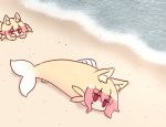  2girls animal animal_ear_fluff animal_ears animalization bangs beach blonde_hair commentary_request crab day empty_eyes fish fox_ears fox_tail hair_between_eyes kemomimi-chan_(naga_u) multiple_girls naga_u original outdoors purple_eyes sand shaded_face tail water 