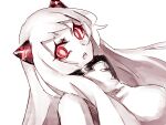  1girl abyssal_ship airfield_princess colored_skin dutch_angle glowing glowing_eyes highres horns kantai_collection long_hair melon22 open_mouth red_eyes simple_background sketch solo upper_body white_background white_hair white_skin 