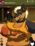  absurd_res anthro belly_blush big_breasts blush body_blush breasts canid canine canis caught chat dobermann domestic_dog female hi_res holding_breast huge_breasts hyper hyper_breasts instagram male male/female mammal nipples overweight pinscher smutbank08 