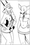  2017 antelope anthro bovid breasts clothed clothing duo estelle_gazelle female fur gazelle hair horn kangaroo kangy_(tegerio) macropod mammal marsupial meme monochrome navel nipples open_mouth pouch_(anatomy) tegerio 