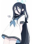 arisu_(blue_archive) black_hair black_ribbon black_sailor_collar blue_archive blue_eyes blue_neckerchief blush closed_mouth commentary double_horizontal_stripe dress hair_between_eyes hair_ribbon halo highres long_hair looking_at_viewer neckerchief one_side_up ribbon rkgk_unagi sailor_collar sailor_dress short_sleeves simple_background very_long_hair white_background 