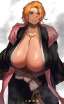  1girl arms_at_sides bleach breasts cleavage closed_mouth collarbone cowboy_shot expressionless eyelashes gigantic_breasts haori highres huge_breasts ibuo_(ibukht1015) japanese_clothes jewelry lips long_sleeves looking_away matsumoto_rangiku medium_hair mole mole_under_mouth necklace orange_hair plunging_neckline shiny shiny_skin short_hair solo taichou_haori 