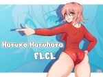  1girl absurdres artist_name ass blush character_name closed_mouth copyright_name flcl green_eyes hand_on_hip haruhara_haruko highres leotard lips long_sleeves looking_at_viewer pink_hair pointing red_leotard short_hair smile solo ziffir 