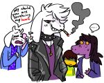  anthro asriel_dreemurr bedroom_eyes blush bodily_fluids bovid caprine cigarette clothing collar deltarune dialogue ear_piercing english_text female frisk_(undertale) fur goat goatanimedatingsim group hair horn human jacket leather leather_clothing leather_jacket leather_topwear lizard looking_at_viewer male mammal narrowed_eyes piercing purple_body purple_scales reptile scales scalie seductive smile smoking speech_bubble spiked_collar spikes standing susie_(deltarune) sweat tears text topwear toriel undertale undertale_(series) video_games white_body white_fur white_hair 