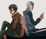  2boys back-to-back bandages between_legs black_hair brown_coat bruise bruised_eye coat egg_(cknlun) green_pants grey_hair hand_between_legs hood hood_down injury jacket joe_(megalo_box) long_sleeves megalo_box multiple_boys pants profile short_hair sideburns sitting white_background yuuri_(megalo_box) 