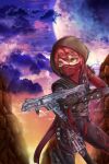  1girl apex_legends black_bodysuit black_gloves bodysuit brown_eyes chromatic_aberration cloud cosplay gloves gun hair_between_eyes haruto_(1214_haruto) highres holding holding_gun holding_weapon hood hood_up looking_to_the_side mask moon mouth_mask r-99_smg red_hair rift_stalker_wraith sky solo submachine_gun trigger_discipline virtual_youtuber vspo! weapon wraith_(apex_legends) wraith_(apex_legends)_(cosplay) 