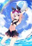  1girl :o armpits arms_up ball bangs bare_arms bare_shoulders beachball bikini black_bikini black_ribbon blue_sky blush cloud commentary_request day frilled_bikini frills goggles goggles_on_head hair_between_eyes hair_ribbon highres holding holding_ball indie_virtual_youtuber korean_commentary kutata kyue_(vtuber) looking_at_viewer navel outdoors parted_lips purple_eyes purple_hair rabbit_tail ribbon short_eyebrows sky solo standing sweat swimsuit tail thick_eyebrows virtual_youtuber water 