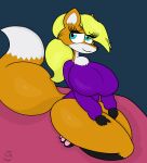  absurd_res anthro bed big_breasts big_tail blonde_hair blue_eyes breasts canid canine clothed clothing female fluffy fluffy_tail fox furniture hair hands_on_legs hi_res huge_breasts kneeling legs_together mammal neck_tuft paws pink_paws ponytail purple_clothing raccoonuki red_fox sitting smile solo sweater tammy_(raccoonuki) thick_thighs topwear tuft 