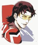  1boy brown_hair egg_(cknlun) looking_at_viewer male_focus medium_hair megalo_box parted_lips shirato_mikio solo tinted_eyewear upper_body white_background 