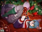  absurd_res anthro blue_hair blush christmas christmas_clothing clothing domestic_cat felid feline felis green_eyes hair hi_res holidays licking licking_lips lips looking_at_viewer lying male mammal mouth_closed on_back short_hair smile solo sweater tongue tongue_out topwear ziffir 