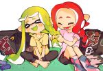  2girls :d ^_^ asymmetrical_hair bag barefoot black_pants black_shorts braid braiding_hair closed_eyes colored_tongue drill_hair duffel_bag fangs green_tongue hairdressing highres inari1369 inkling inkling_girl light_green_hair long_hair multiple_girls octoling octoling_girl open_mouth pants pointy_ears red_hair shirt short_sleeves shorts simple_background sitting smile splatoon_(series) splatoon_3 suction_cups sweatpants teeth tentacle_hair v_arms white_background yellow_shirt 