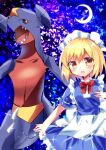  1girl absurdres blonde_hair bow bowtie crescent_moon garchomp highres looking_at_viewer lotus_land_story maid maid_headdress moon mugetsu_(touhou) open_mouth ougi_maimai pokemon pokemon_(creature) red_bow red_bowtie short_hair short_sleeves touhou touhou_(pc-98) yellow_eyes 