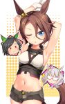  3girls :3 ahoge animal_ears armpits arms_up bangs bare_shoulders biwa_hayahide_(umamusume) black_hair blush bnw_(umamusume) breasts brown_hair commentary_request cosplay cowboy_shot crop_top ear_ornament ear_ribbon glasses gloves grey_hair groin hair_between_eyes halftone halftone_background highres horse_ears horse_girl horse_tail inset kantai_collection long_bangs looking_at_viewer midriff miniskirt multiple_girls mutsu_(kancolle) mutsu_(kancolle)_(cosplay) narita_taishin_(umamusume) navel one_eye_closed opaque_glasses open_mouth red-framed_eyewear red_eyes sakuramon semi-rimless_eyewear shirt short_hair sidelocks skirt sleeveless sleeveless_shirt smile solo_focus sparkle standing tail umamusume white_gloves white_shirt winning_ticket_(umamusume) yasume_yukito yellow_background 