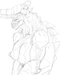  anthro bethesda_softworks big_breasts bow_ribbon breasts deathclaw fallout female hi_res horn monochrome nipples scalie sharp_teeth sketch solo teeth video_games yamagah 