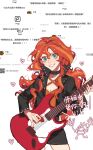  1girl black_skirt breasts cleavage green_eyes guitar highres instrument jacket leather leather_jacket miniskirt multicolored_hair my_little_pony my_little_pony_equestria_girls red_hair rocker-chic skirt solo streaked_hair sunset_shimmer translation_request xieyanbbb 