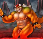  2022 4_fingers absurd_res anthro belly bowser claws eldiman eyebrows finger_claws fingers foreskin genitals glans hair hi_res humanoid_genitalia humanoid_penis koopa male mario_bros navel nintendo nipples open_mouth penis red_eyebrows red_hair scalie shell solo spiked_shell spikes spikes_(anatomy) teeth thick_eyebrows tongue vein veiny_penis video_games 
